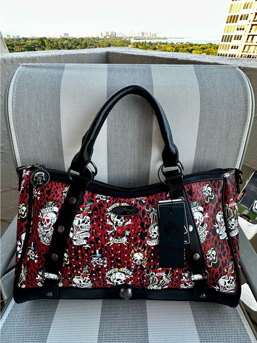 Ed Hardy Skull Leopard Rhinestone Tote Red Black NWT 💀🐆✨